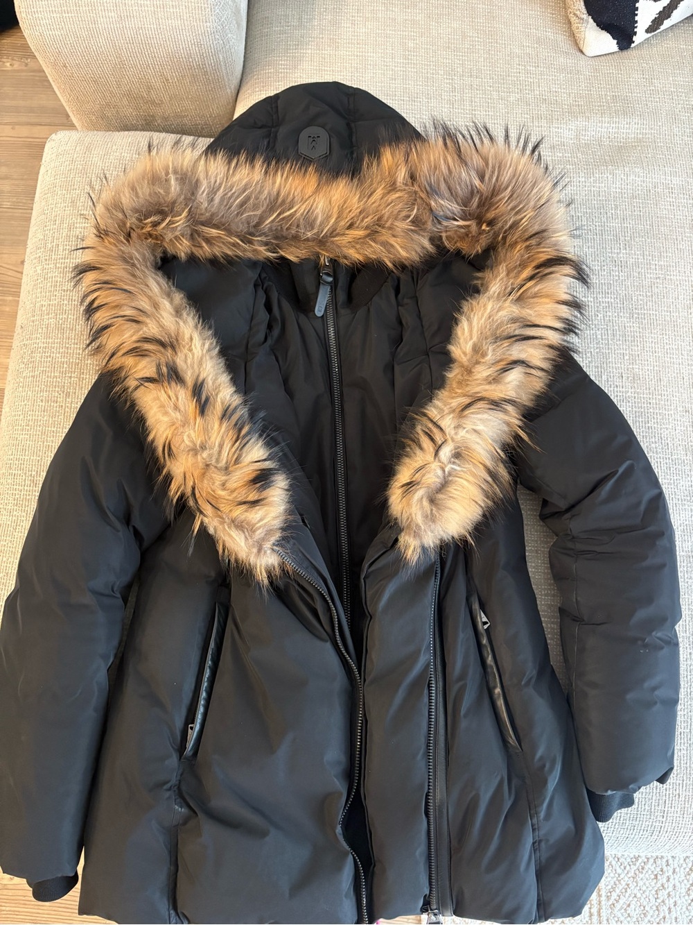 Mackage Black Puffer Jacket with Faux Fur Trim Hood